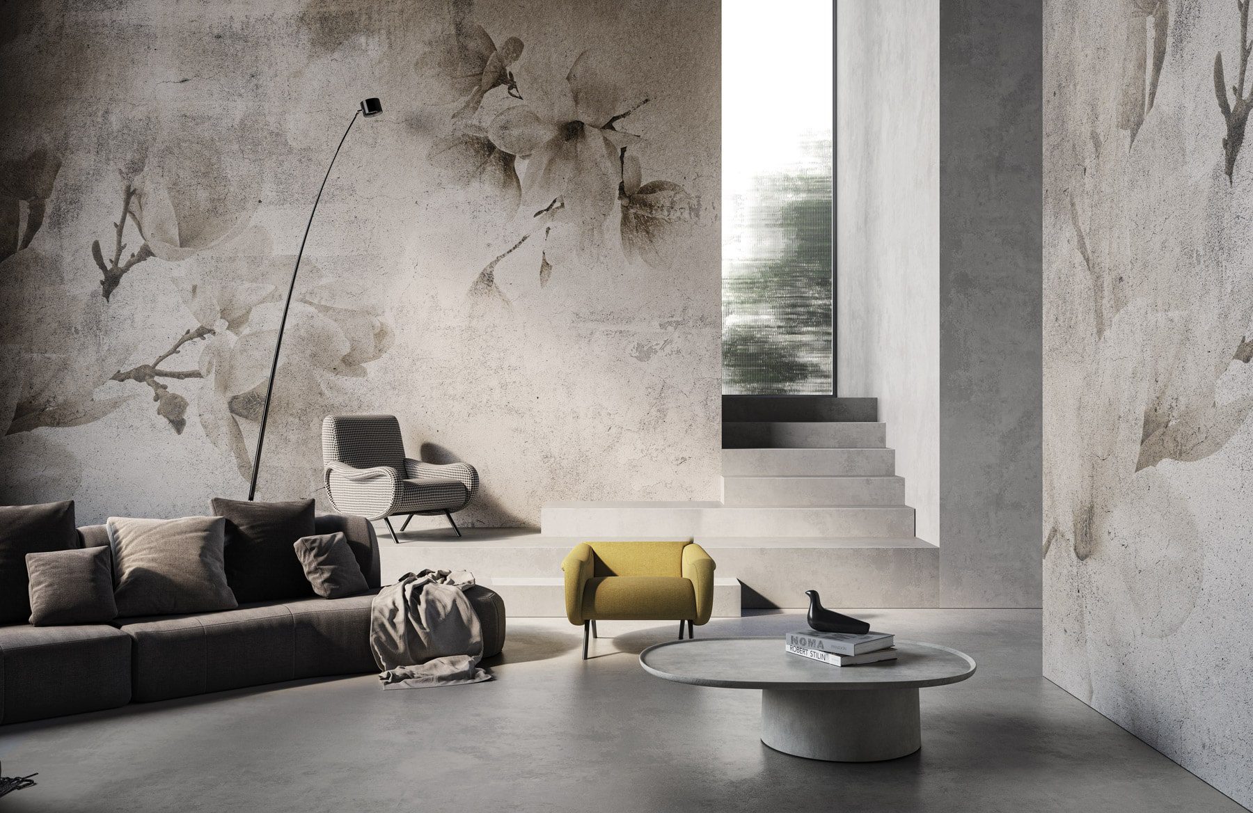 Çiçek motifli duvar kağıdı ile modern oturma alanı